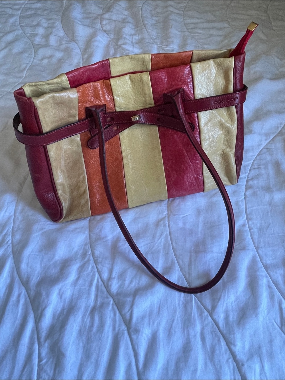 Coach Striped Leather Shoulder Bag in Red, Orange & Cream